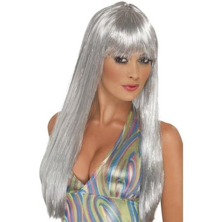 Glitter Disco pruik | Lang zilver steil haar met pony